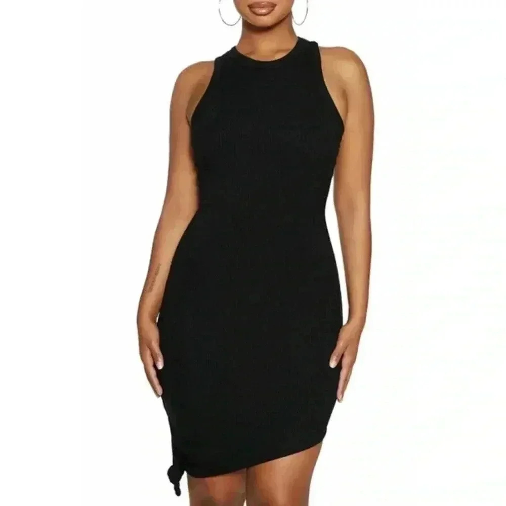 Naked wardrobe SIDE TIE ASYMMETRIC HEM TANK DRESS IN BLACK S